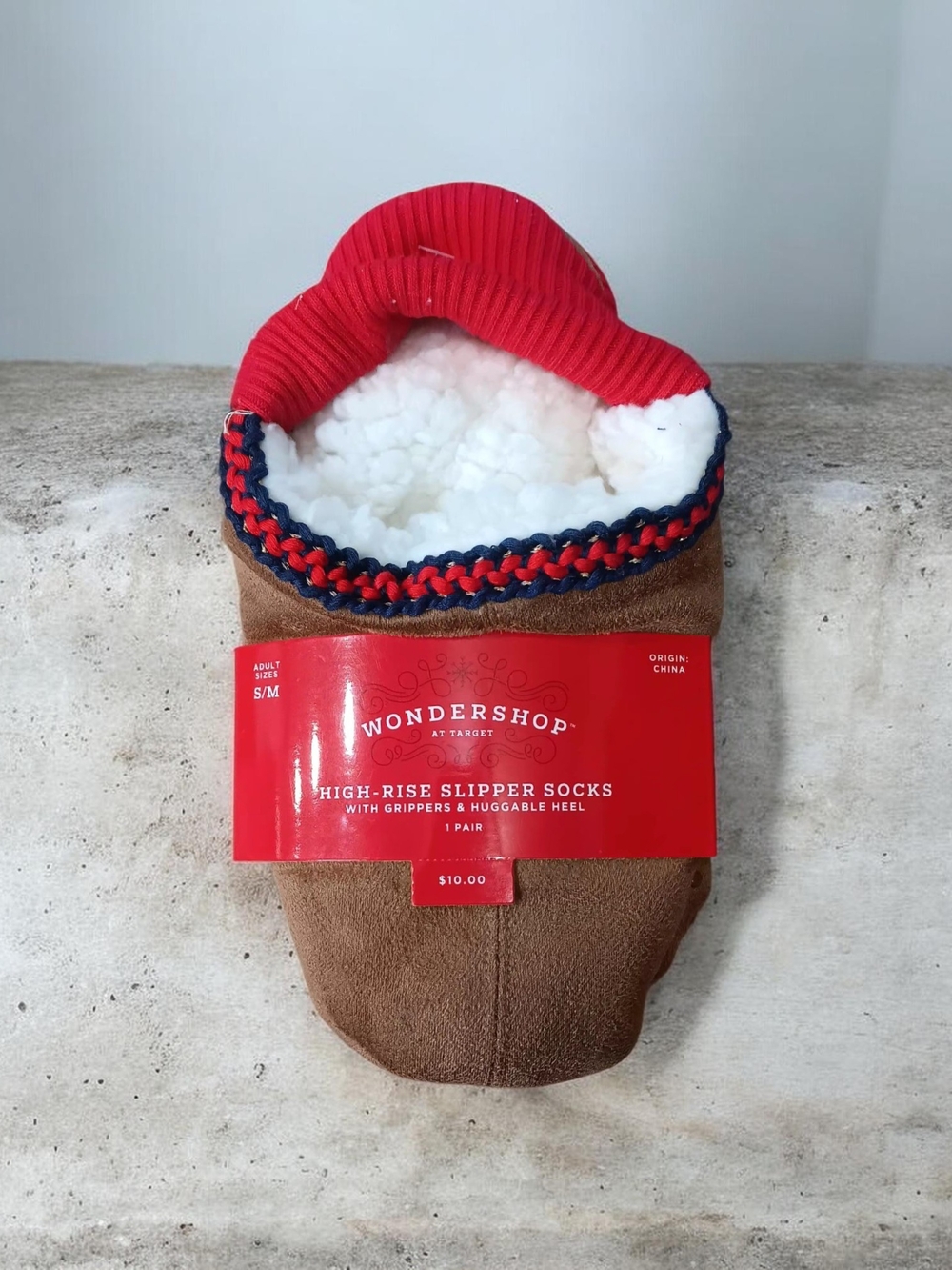 Wondershop Brown Slipper Socks with Red Cuff and Navy Braid